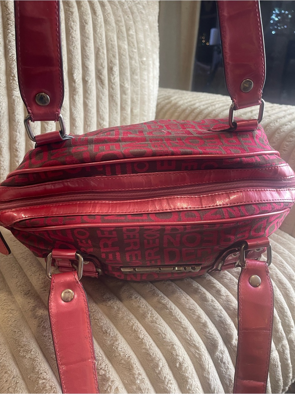 Dereon Pink Brown Monogram Satchel Shoulder Bag Purse Hardware Accents - Picture 5 of 10